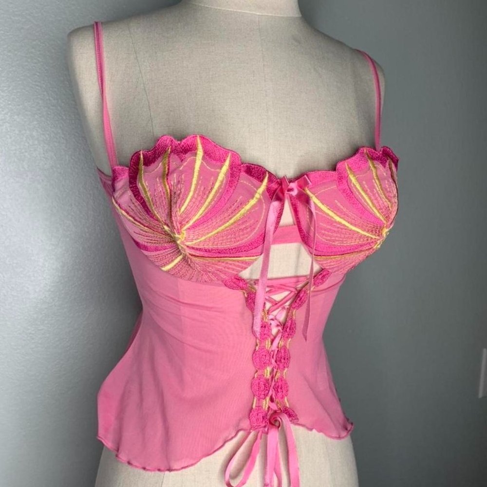 Cute Baby Pink Lingerie Mesh Corset Tank Top with Green detailing